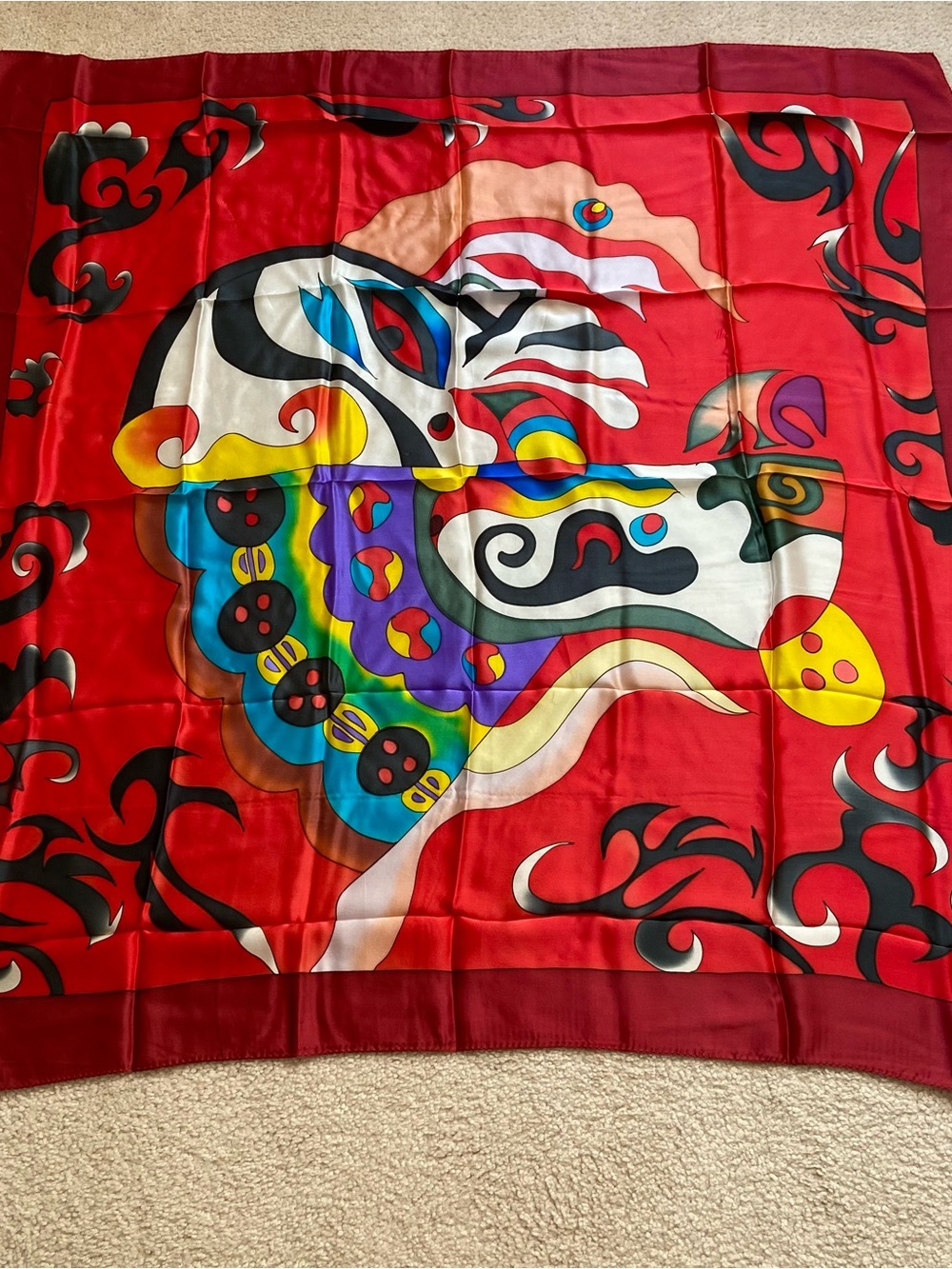 NWOT 100% Silk Red Vintage Inspired Chinese Opera Mask Square Scarf (44x44)